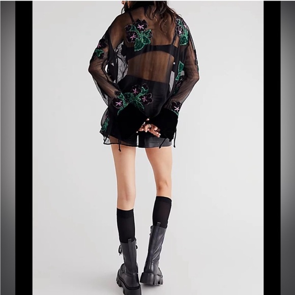 Free People Black Sheer Floral Button Down Shirt - Picture 4 of 5